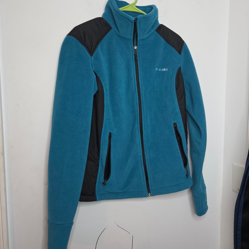 Columbia Womens Fleece Jacket Teal Blue Black Full Zip Hybrid Mock Neck Small